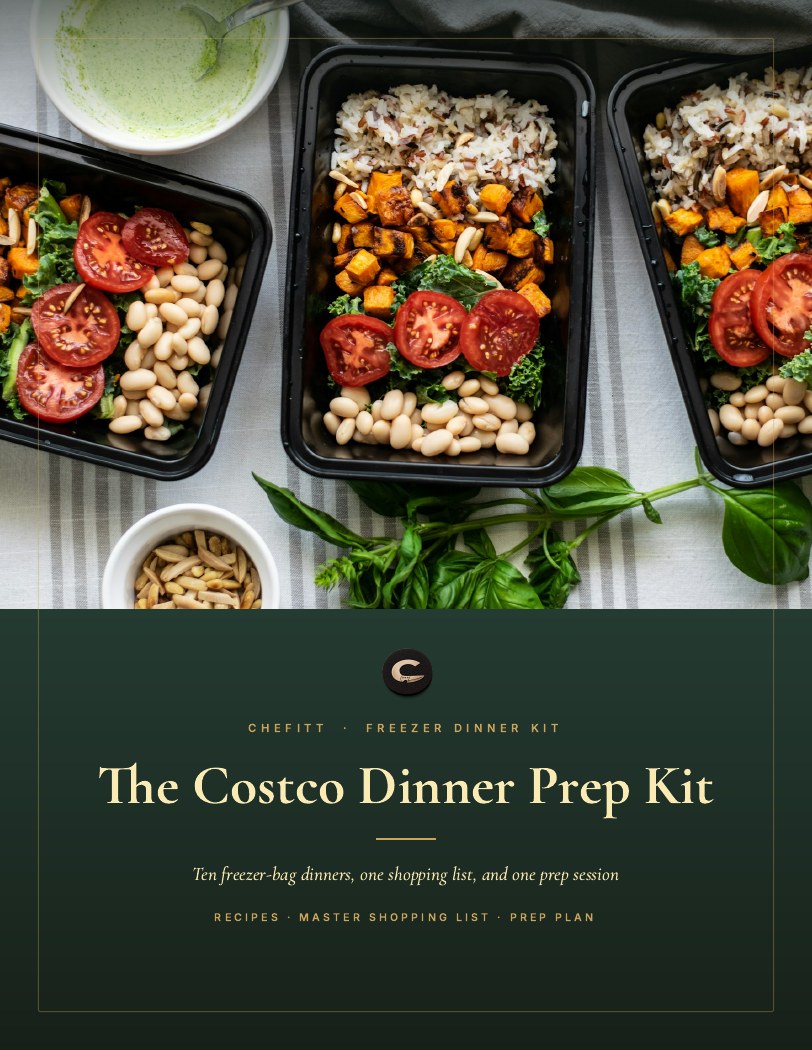 The Costco Dinner Prep Kit cover — Chefitt Freezer Dinner Kit, ten freezer-bag dinners, one shopping list, one prep session